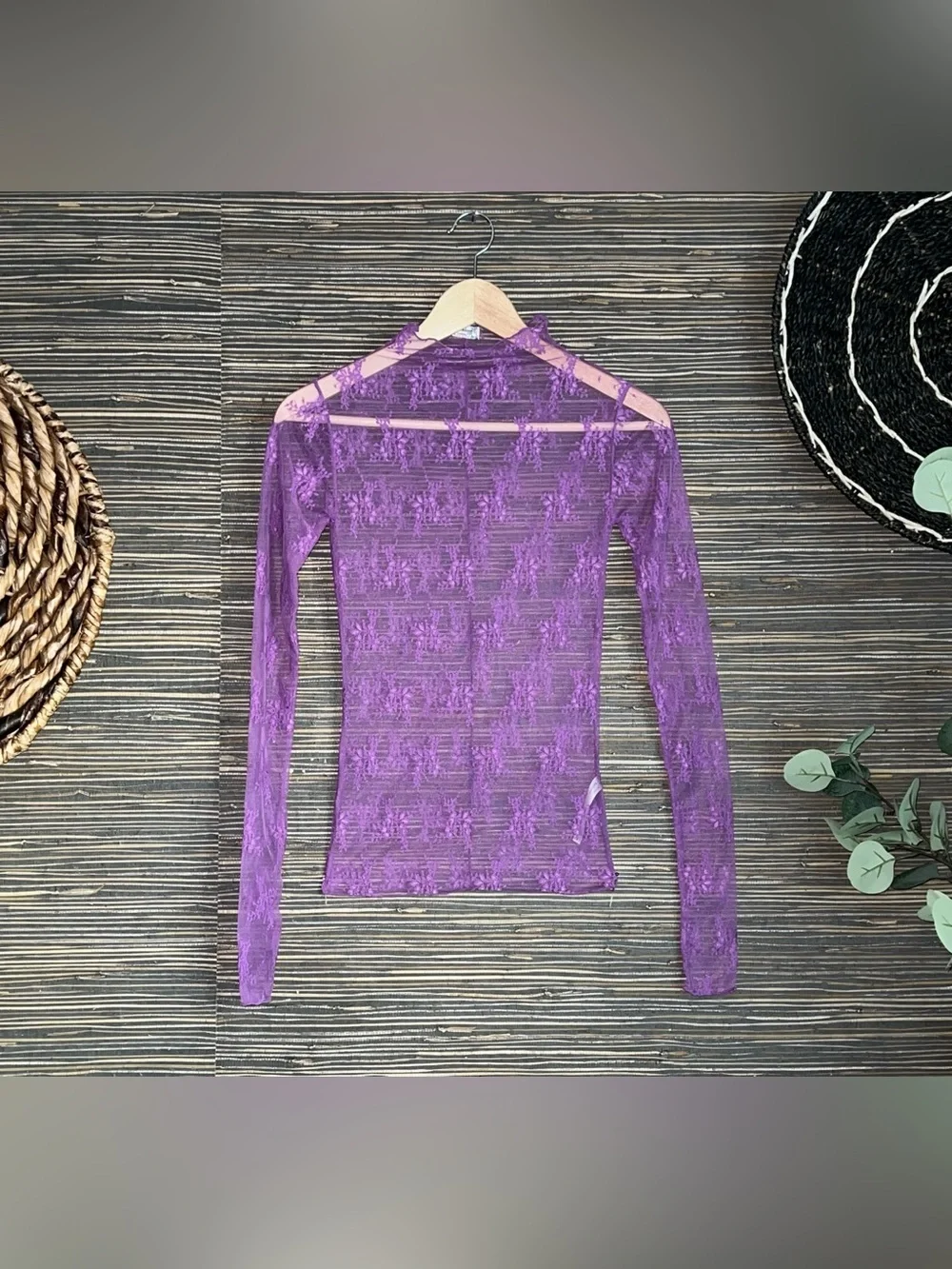 🆕 Free People Lady Lux Layering Sheer Lace Long-Sleeve Top Lilac combo XS